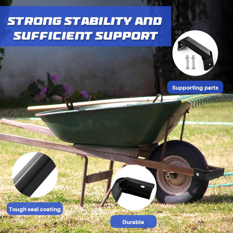 2 Pack Black Steel Wheelbarrow Axle Bracket Replacement Kit With Bolts And Nuts Included for yard work, shown with green wheelbarrow.