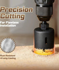 Close-up of Door Lock Installation Kit For Wooden Doors With Guide Template And Carbon Steel Hole Saw Set in use on wood.