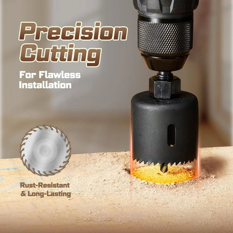 Close-up of Door Lock Installation Kit For Wooden Doors With Guide Template And Carbon Steel Hole Saw Set in use on wood.