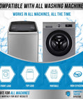 Powerful Washing Machine Cleaner And Descaler Tablets 24 Pack displayed with compatible front load and top load washers.