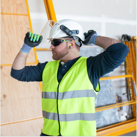 Worker wearing MX300 Safety Glasses With Anti Fog Lenses ANSI Z87 Plus 100 Percent UV Protection CBR65 in construction site