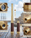 Old School Pirate Spyglass Monocular Telescope 25x30 Zoomable Pocket Size Handheld Collapsible With BAK4 Lens Leather Grip For Kids And Outdoor Explorers For Camping Trips And Sailing, gold and brown