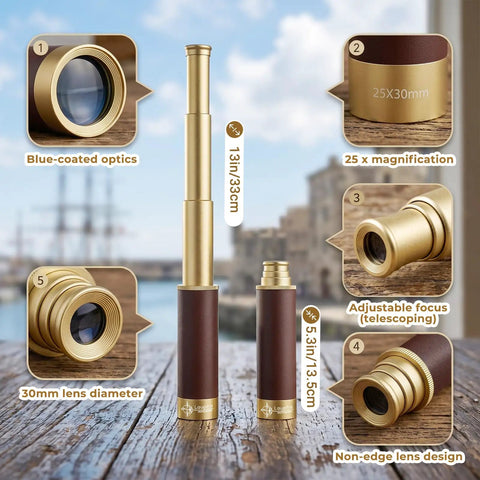 Old School Pirate Spyglass Monocular Telescope 25x30 Zoomable Pocket Size Handheld Collapsible With BAK4 Lens Leather Grip For Kids And Outdoor Explorers For Camping Trips And Sailing, gold and brown