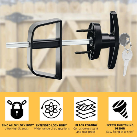 Heavy Duty Shed Door Hardware Kit With 5.5 Inch T Handle Lock in black zinc alloy, featuring screw-tightening design and keys