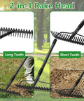 49 Inch Bow Rake Two In One Metal Garden Rake For Weeding Loosening Soil Raking Leaves Leveling Rocks Mulch Gravel With 17 Tines Adjustable Garden Rake Bow Rake showing 2-in-1 adjustable rake head with long and short teeth inserted into grass and soil.