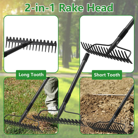 63 Inch Bow Rake Two In One Metal Garden Rake For Weeding Loosening Soil Digging Leaves Leveling Mulch And Gravel Spreading With 17 Tines And Adjustable Head To Tackle Tough Yard Tasks Fast, shown with long and short toothed heads.