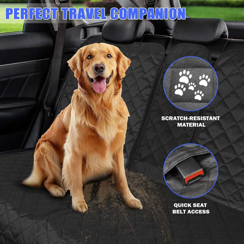 Dog Car Seat Cover For Back Seat 60 40 Split Bench, Waterproof Oxford Fabric Protects Against Messes, Mud, Hair, Spills Keeps Your Car Clean For Family Cars, Compact SUVs, MPVs, Easy Install And Comfortable For Your Pup with golden retriever sitting on it.