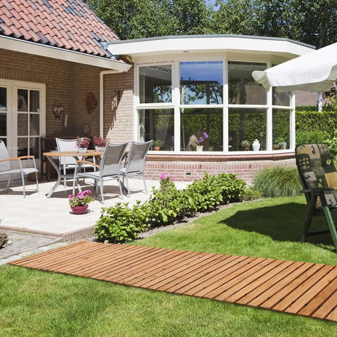 8 Ft Cedar Garden Pathway Roll Out Walkway For Patio And Beach Events, Weather-Resistant Wooden Boardwalk Path in a garden setting