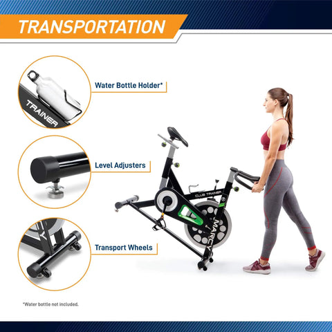 Woman moving Revolution Indoor Bike Cycle Trainer For Home Cardio Sessions, highlighting its transport wheels and ergonomic design.