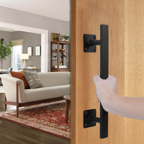 Beefy 12 Inch Black Square Heavy Duty Metal Barn Door Pulls Pack Of 2 for interior closet door, hand pulling handle