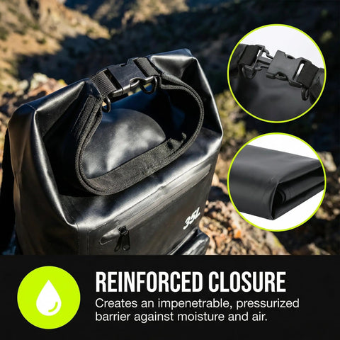 100 Percent Waterproof Roll Top Dry Bag Backpack With Front Splash Proof Pocket showing reinforced closure in black color