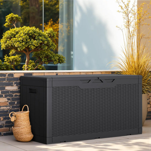 100 Gallon Outdoor Storage Box With Lockable Lid For Patio And Garden Weatherproof PP Deck Box With Wood Grain Finish
