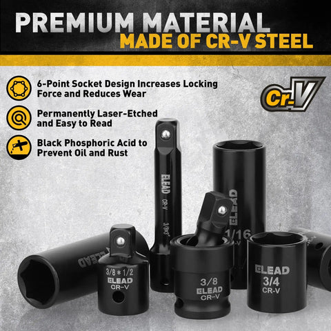 96 Piece Three Eighths Inch Drive Impact Socket Set With SAE Five Sixteenths To Three Quarters Inch And Metric Eight To Twenty Two Mm Sockets Standard And Deep, Ratchet Handle, Bit Set, Universal Joint, Extension Bar, Adapters, And Spark Plug Sockets. Cr-V steel impact sockets and adapters