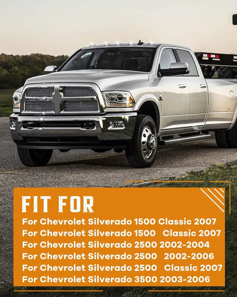 Chevy Silverado 1500 Cab Roof Marker Light Kit With Clear Cover And Wire Pack Plug And Play T10 5050 SMD Green Fits 2002 2004 2005 Stop Turn Tail And White Lights Easy Install Included displayed on pickup truck front view with compatibility details