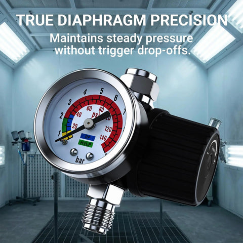 Tough Diaphragm Air Regulator With Analog Pressure Gauge For Hvlp Spray Guns And Compressors dialing in two to one forty psi with gauge.