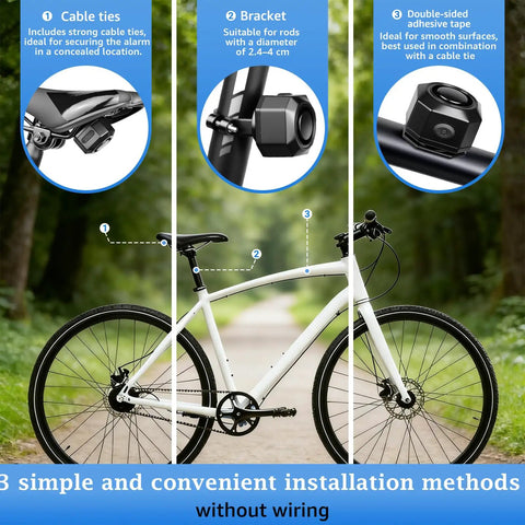 Bike Alarm With Remote And USB Rechargeable Power For Your Ride Vibration Motion Sensor Trigger Ultra Loud 110dB Anti Theft Alarm For Bicycle Motorcycle Electric Scooter IP65 Waterproof And Easy Mount Kit installed with cable ties and bracket