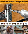 Universal Screw Extractor Kit With Drill Bits For Stripped Rusty Screws And Nuts Remover Tools For Broken Bolts DIY Hardware Repair Set Heavy Duty Alloy Steel removing a screw from a hinge