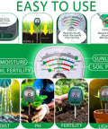 Instructions and features of 4 In 1 Soil Tester Kit For Gardening With No Battery Needed Soil Moisture Meter Light Fertility And PH Meter For Indoor Outdoor Garden Farm Lawn Grass Green.