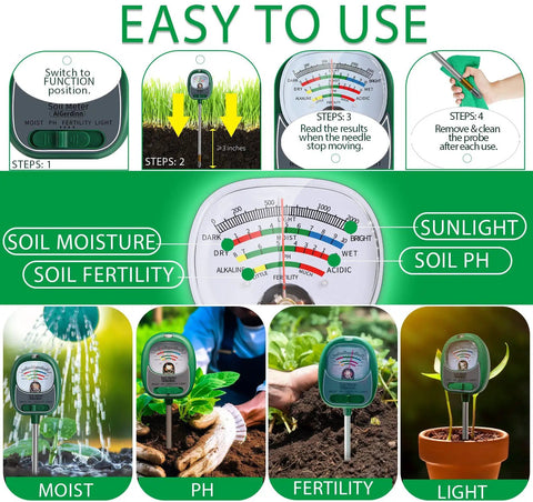 Instructions and features of 4 In 1 Soil Tester Kit For Gardening With No Battery Needed Soil Moisture Meter Light Fertility And PH Meter For Indoor Outdoor Garden Farm Lawn Grass Green.