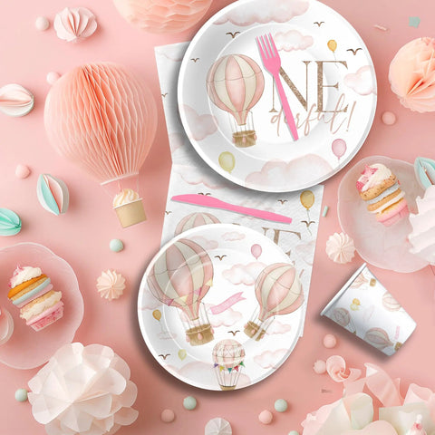 Hot Air Balloon First Birthday Tableware Set For Girls Includes Plates Cups Napkins Disposable Cutlery Serves 24 Whimsical Pink Decor
