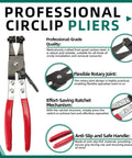 Professional circlip pliers with flexible rotary joint, effort-saving ratchet mechanism, and anti-slip handles.