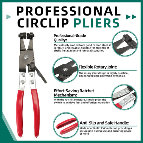 Professional circlip pliers with flexible rotary joint, effort-saving ratchet mechanism, and anti-slip handles.