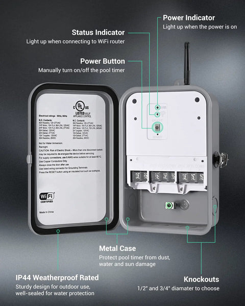 Outdoor Smart WiFi Pool Pump Timer Box Hooked Up With Heavy Duty 40A 120 277 VAC 2HP Wireless Controller interior view