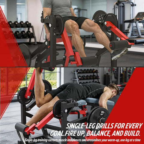 Pro Grade Unilateral And Bilateral Leg Extension And Curl Machine With Convertible Seated Leg Extension And Lying Leg Curl Bench in use