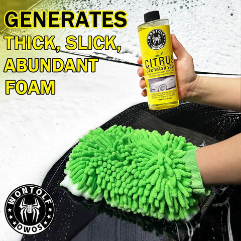 Complete All In One Car Wash And Detailing Kit with citrus car wash soap and green microfiber mitt creating foam