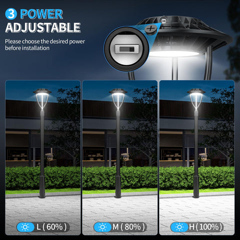 LED Post Light With Adjustable Wattage 60W 48W 36W ETL 5000K Photocell IP65 Outdoor Pole Lighting for commercial streets at night