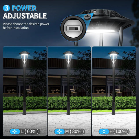 Beast Mode Bright Adjustable 60W 80W 100W LED Post Top Light showing power levels for outdoor pole lighting at night.