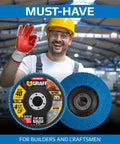 40 Grit Flap Discs for Angle Grinder 4 1/2 In Bevel Type 29 Heavy Duty Zirconia Grinding Discs for Stainless Steel and Sheet Metal 7/8 Inch Arbor Pack of 10 for Fast Deburring and Smooth Finishes shown with smiling worker in a workshop.