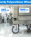 Heavy Duty Four Inch Stainless Steel Caster Wheels Built Tough With Side Lock Brake And Smooth Rolling Non Marking Rubber Swivel Casters For Mobile Furniture And Workshop Gear on industrial cart.