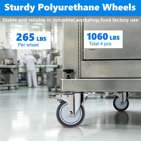 Heavy Duty Four Inch Stainless Steel Caster Wheels Built Tough With Side Lock Brake And Smooth Rolling Non Marking Rubber Swivel Casters For Mobile Furniture And Workshop Gear on industrial cart.