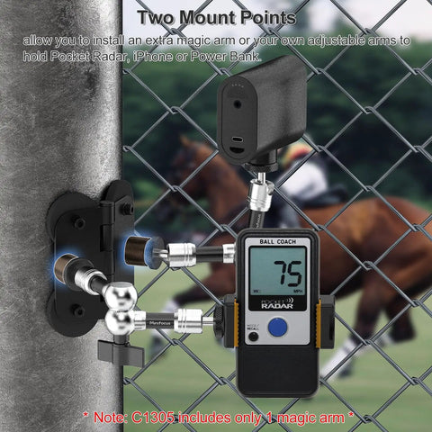Heavy Duty Magnetic Fence Mount For Action Cameras And Phones With Dual Quarter Inch Mount Points Built For Game Day Recording On Baseball And Tennis Fields Quick Setup For Mevo Start GoPro iPhone And Other Cameras installed on a chain-link fence with attached radar gun.