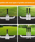 Magnetic Design 10 Inch Griddle Spatula Holder Stainless Steel Tool Rack installed on grill with spatulas and forks.