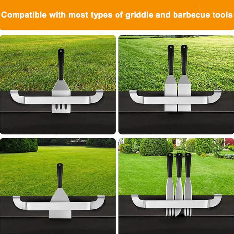 Magnetic Design 10 Inch Griddle Spatula Holder Stainless Steel Tool Rack installed on grill with spatulas and forks.