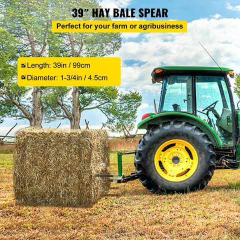 Beefed Up 39 Inch Hay Bale Spear With 3600 Pound Capacity Quick Attach Square Bale Spear on tractor moving hay bale