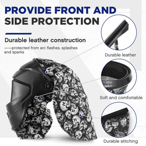 2 Pack Welding Helmet Cover And Bib Set With Flame Retardant Fabric, Press Fit Neck Seal, shown with durable leather construction.