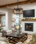 Living room with Dope Industrial Farmhouse Ceiling Fan With Lights, Caged Wood Design positioned above wood coffee table near fireplace.