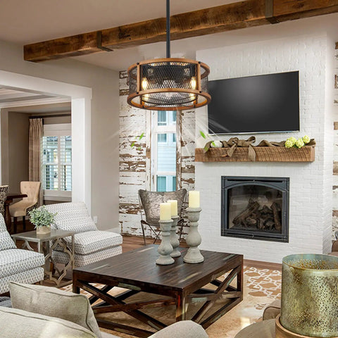 Living room with Dope Industrial Farmhouse Ceiling Fan With Lights, Caged Wood Design positioned above wood coffee table near fireplace.