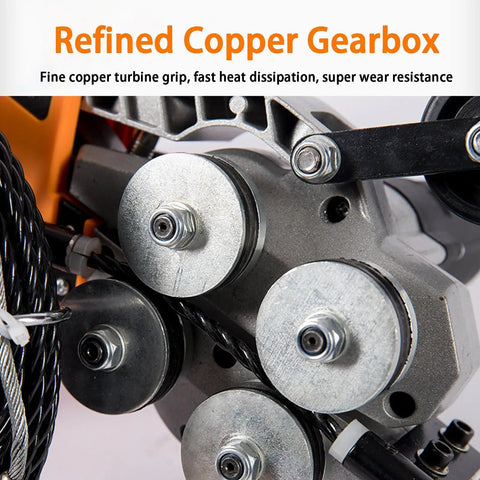 Close-up of the refined copper gearbox on the Gutsy FourWheel Electrician Wire Puller featuring Sweet Infinite Speed Tweaks.