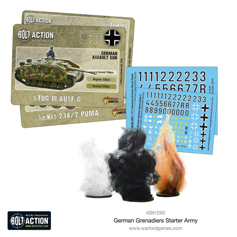 Bolt Action German Grenadiers 1:56 Scale Miniatures Set with decals and smoke effects for WWII tabletop war gaming.