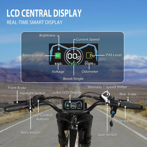 LCD central display of Robust Electric Dirt Bike Duo for Teens and Adults showing battery level, speed, and controls.