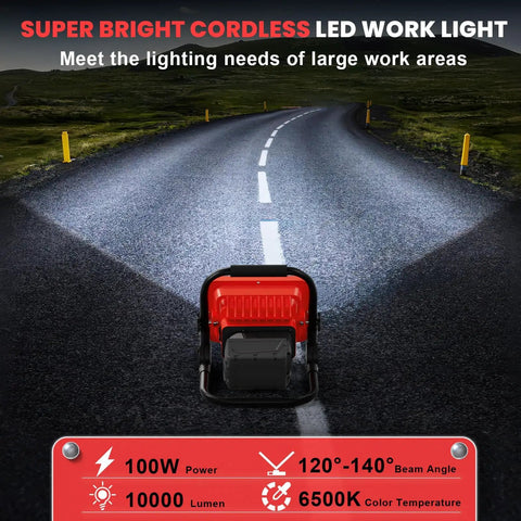 Ridiculously Bright 100W 10000LM Cordless Work Light For Milwaukee 18V illuminating a dark road at night