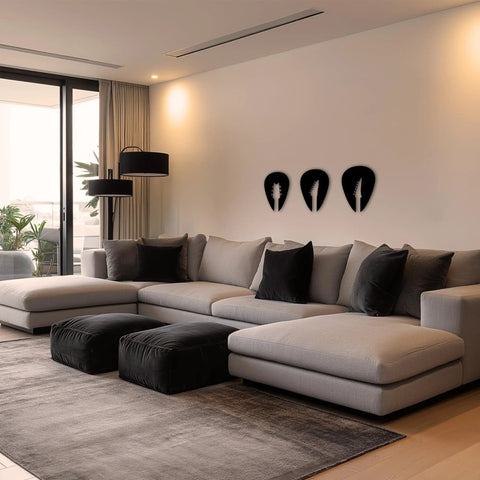 Set Of 3 Black Guitar Silhouette Wall Art On Engineered Wood 11x40 Inch Modern Wall Decor displayed in a modern living room