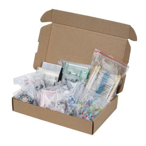 Box containing a Massive UNO R3 Compatible Electronics Component Kit with 1900Pcs of resistors, capacitors, LEDs, breadboards, and more.