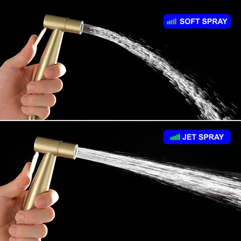 Handheld Bidet Sprayer For Toilet In SUS304 Stainless Steel Brushed Gold Kit with Soft and Jet Spray modes shown