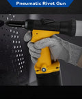 Pro-Grade Pneumatic Rivet Gun Kit With Self-Suction Auto Feed in use, yellow handle, metal rivets being attached