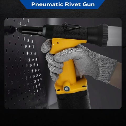 Pro-Grade Pneumatic Rivet Gun Kit With Self-Suction Auto Feed in use, yellow handle, metal rivets being attached